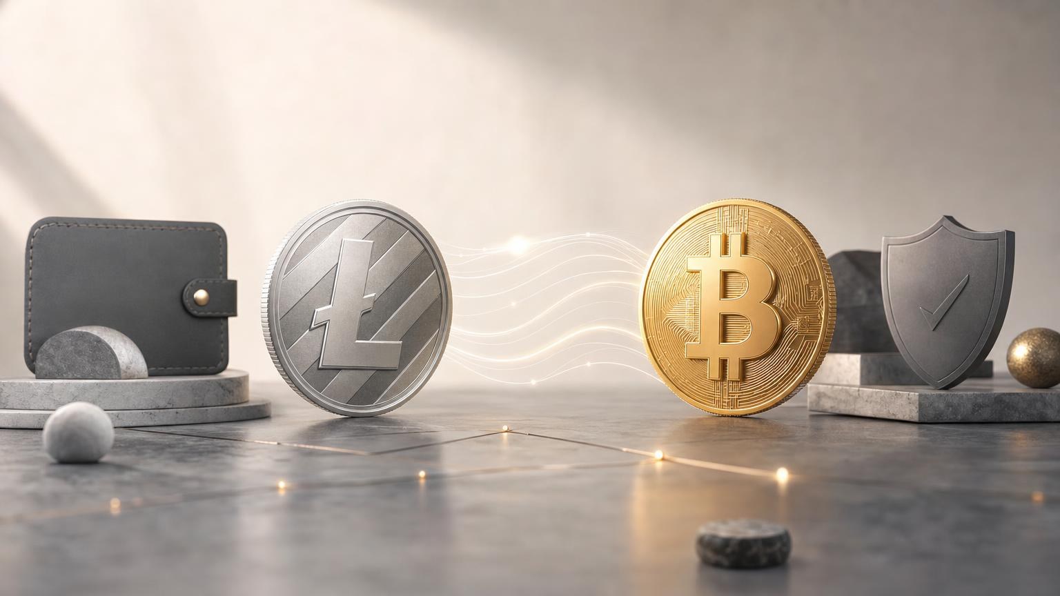 Ilustrasi alur pertukaran Litecoin menjadi Bitcoin dengan pemeriksaan alamat, jaringan, biaya, dan status konfirmasi blockchain